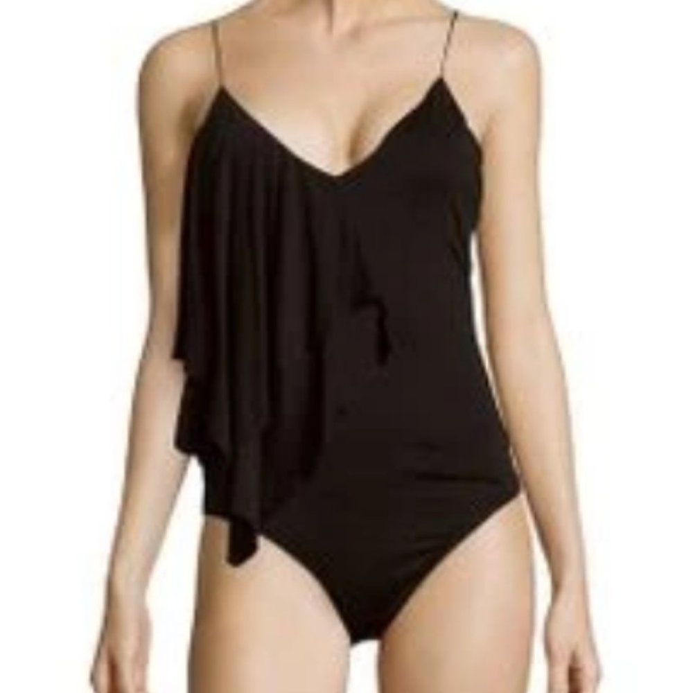Stylestalker S NWT Black Ruvo Ruffle Draped Bodysuit Leotard Top